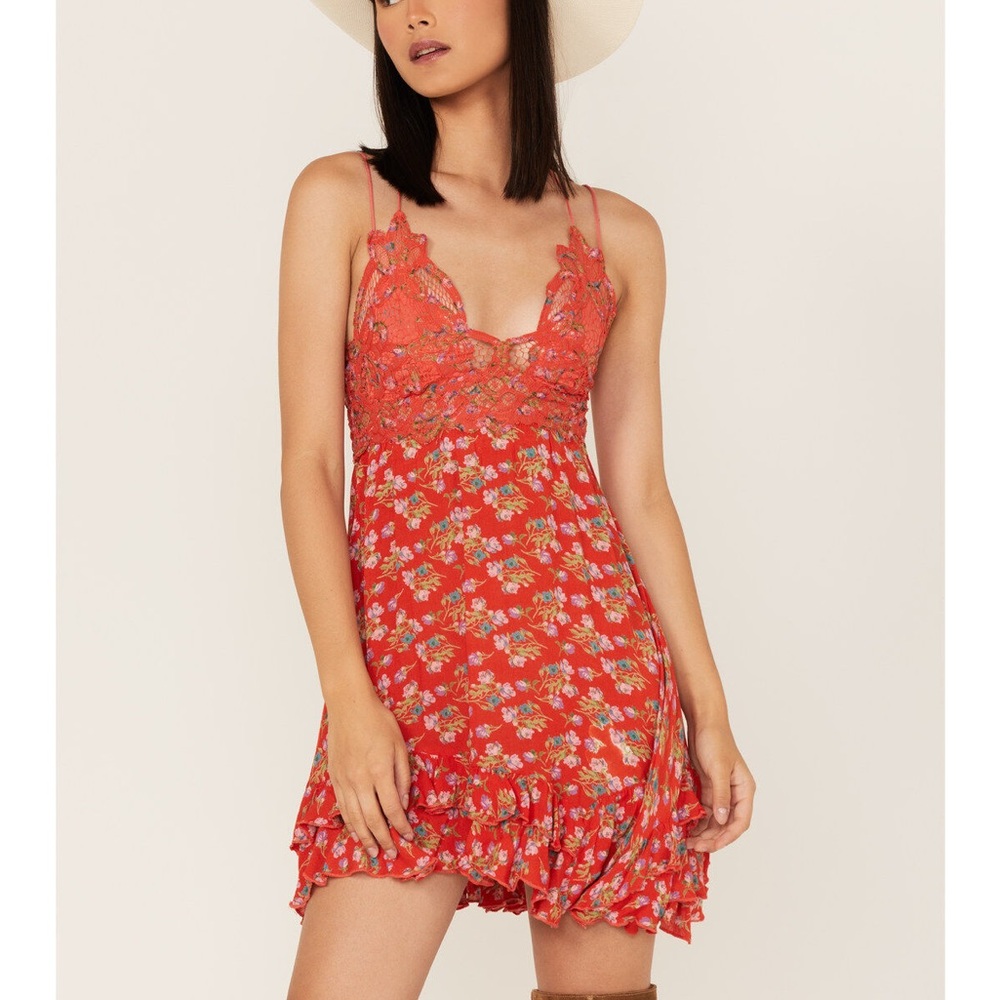 Free People FP One Adella Printed Mini Slip in the "Red Meadow Combo"